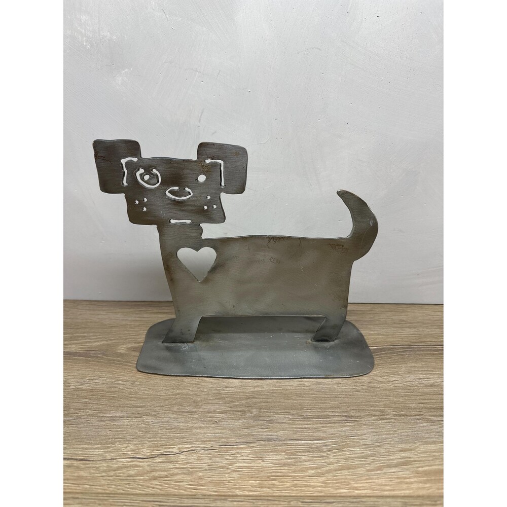 Vintage Handmade Folk Art Metal Dog Silhouette Heart Cutout Brushed Sheet Metal